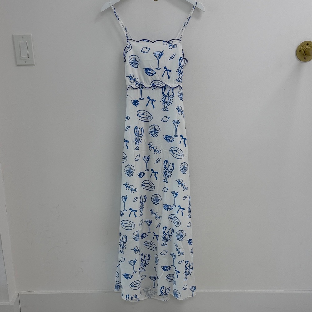 White Maxi Dress with Blue Nautical Print